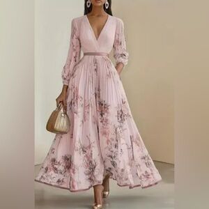 Fehaute Blush Pink Floral V Neck Long Puff Sleeve Pleated Midi Dress Sz 6 NEW